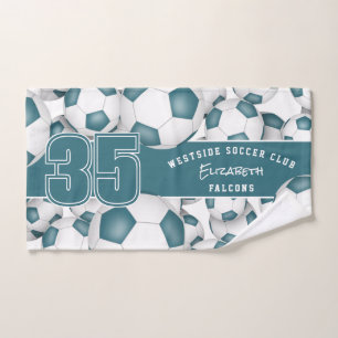 teal sports team colors Lots of soccer balls Hand Towel