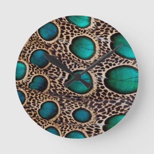 Teal Spotted pheasant feather Round Clock