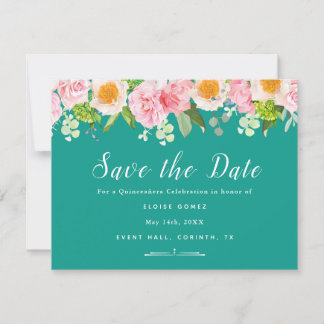 Teal Spring Quinceañera Save the Date Card