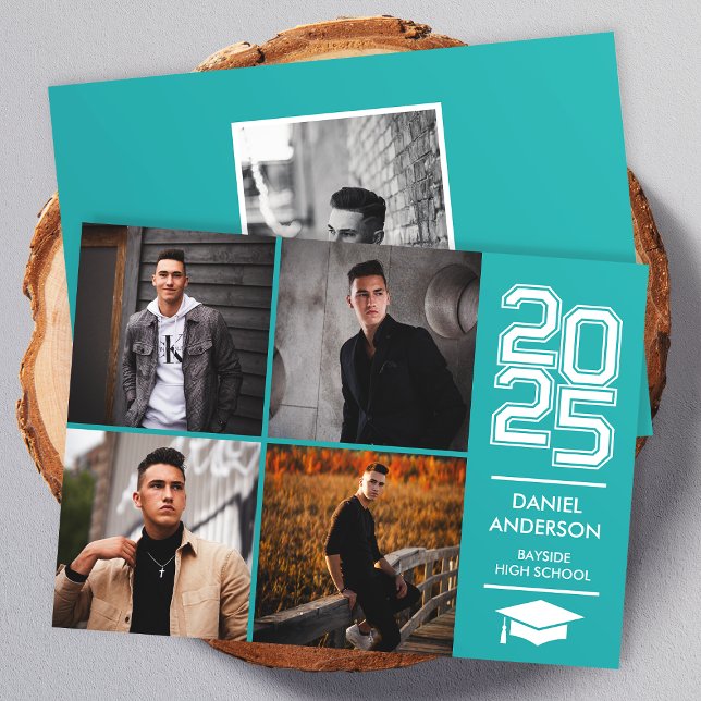 Teal Square Photo Modern Varsity Grad Announcement (Creator Uploaded)