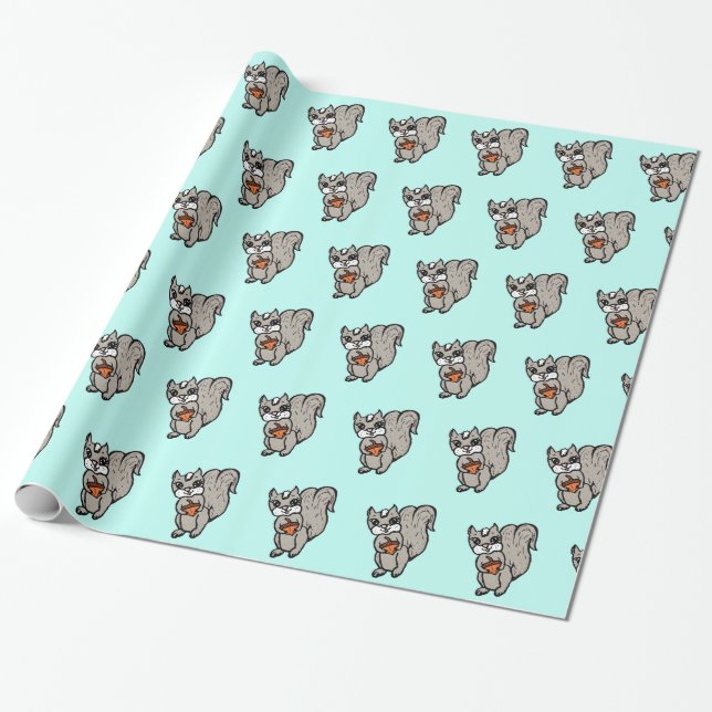 Teal Squirrels Birthday or Baby Shower Wrapping Paper (Unrolled)