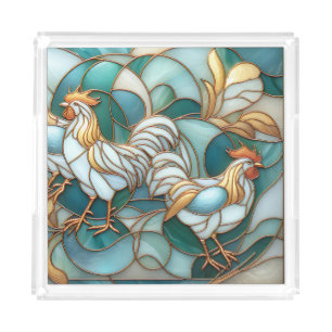 Teal Stained Glass Roosters Elegant Farmhouse Acrylic Tray