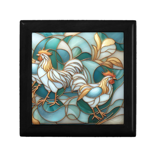 Teal Stained Glass Roosters Elegant Farmhouse Gift Box (Front)