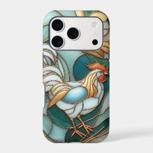 Teal Stained Glass Roosters Elegant Farmhouse iPhone 17 Pro Case