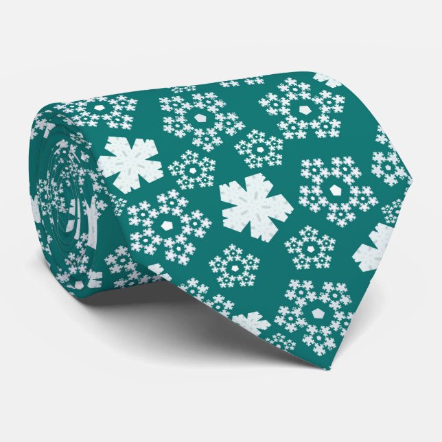 Teal Star and Snowflake Winter Pattern Neck Tie (Rolled)