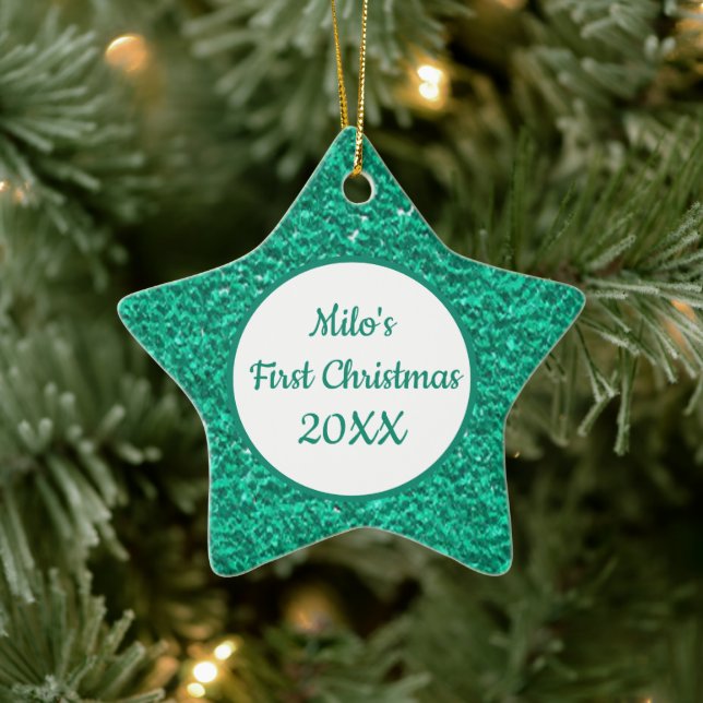 Teal Star Pet Photo First Christmas Name and Year Ceramic Ornament (Tree)