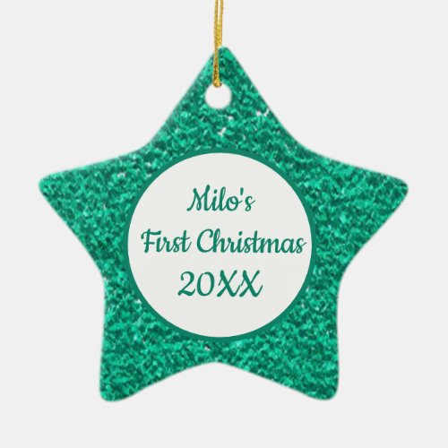 Teal Star Pet Photo First Christmas Name and Year Ceramic Ornament