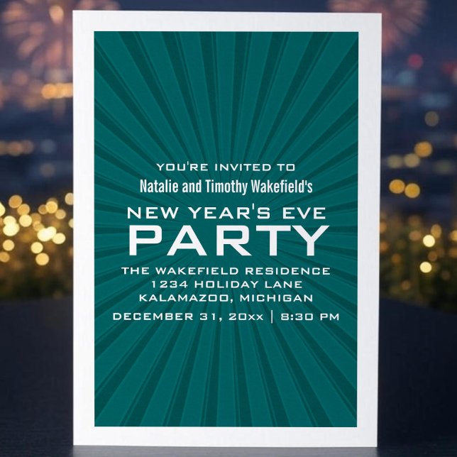 Teal Starburst Stripes New Year's Party Invite (Teal Starburst Stripes New Years Party Invite)