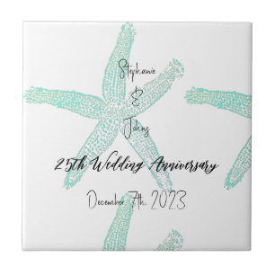 Teal Starfish 25th Wedding Anniversary Custom Name Ceramic Tile