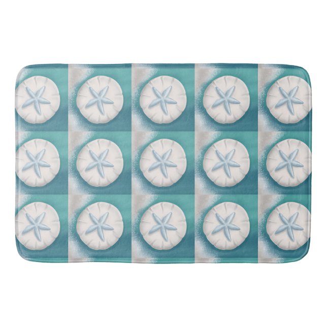 Teal Starfish and Sand Dollar Beachy  Bath Mat (Front)