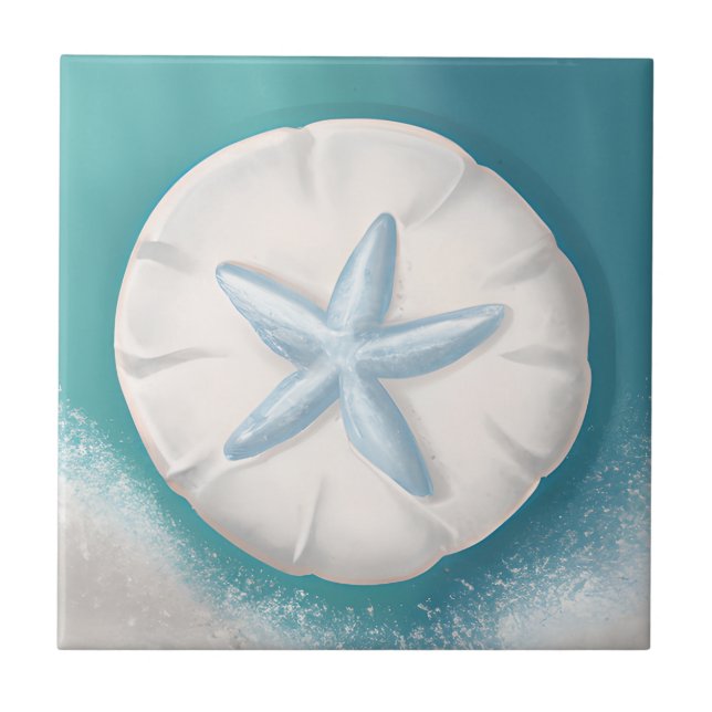 Teal Starfish and Sand Dollar Beachy  Ceramic Tile (Front)