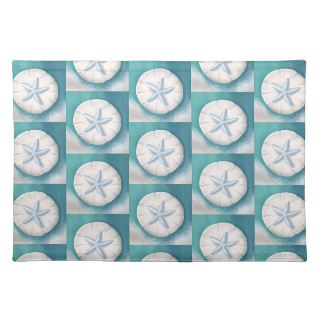 Teal Starfish and Sand Dollar Beachy  Cloth Placemat (Front)