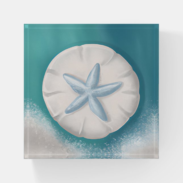 Teal Starfish and Sand Dollar Beachy  Paperweight (Front)