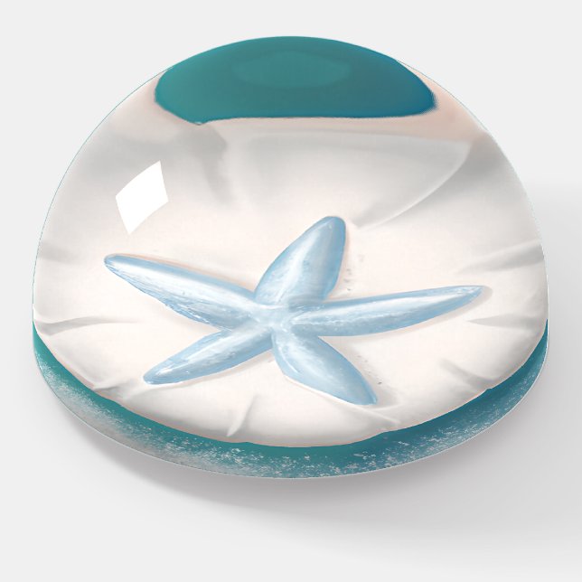 Teal Starfish and Sand Dollar Beachy  Paperweight (Angled)