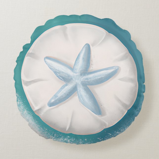 Teal Starfish and Sand Dollar Beachy  Round Pillow (Front)