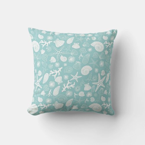 Teal Starfish and Seashells Sealife Throw Pillow