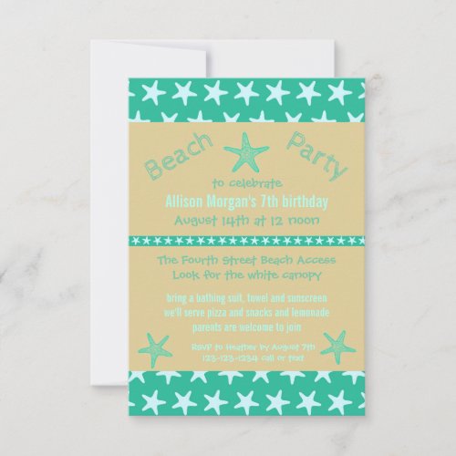 Teal Starfish Beach _ 3x5Birthday Party Invitation