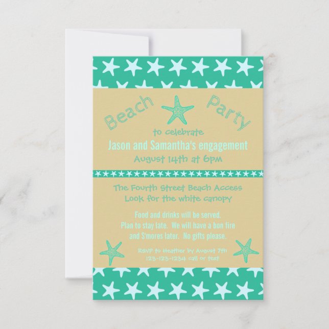 Teal Starfish Beach-3x5Engagement Party Invitation (Front)