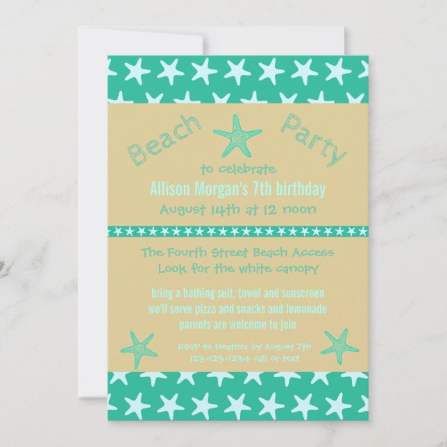 Teal Starfish Beach - Birthday Party Invitation (Front)