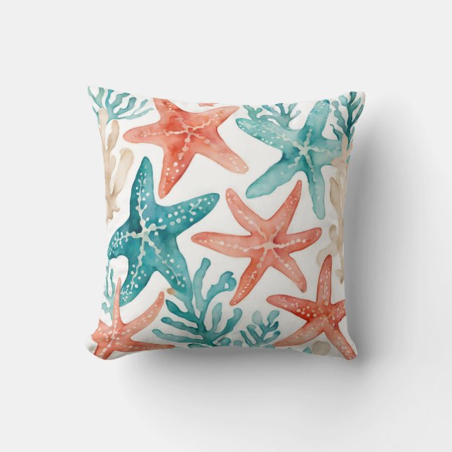 Teal Starfish Beachy Seashell Pattern Throw Pillow (Front)