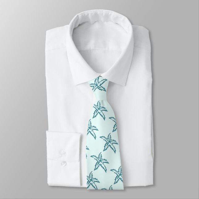 Teal Starfish Blue Neck Tie (Tied)