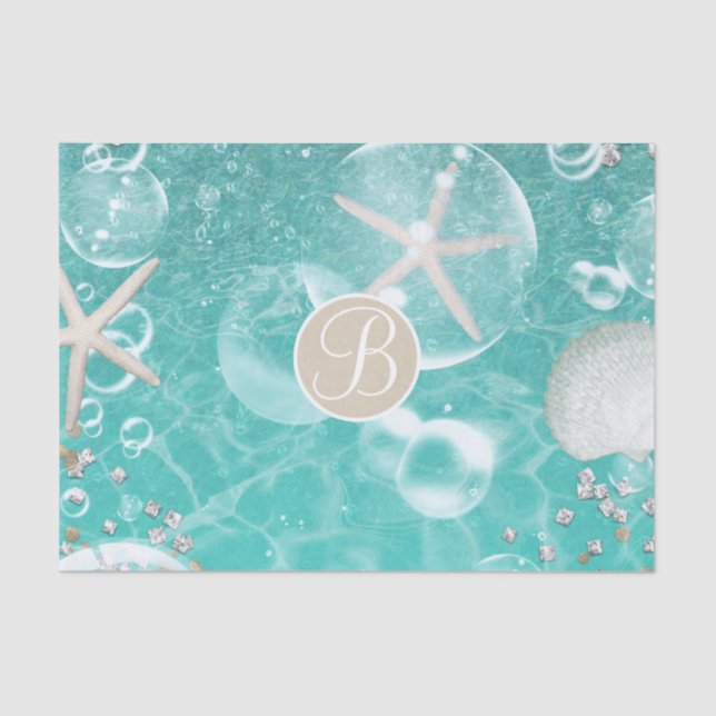 Teal Starfish & Bubbles Beach Monogram Initial Tissue Paper (Front)