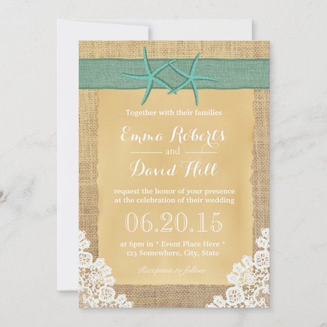 Teal Starfish Lace & Burlap Wedding Invitation (Front)