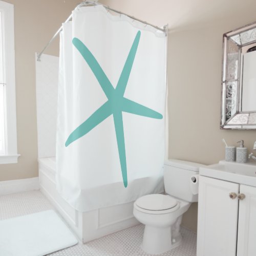 Teal Starfish Pattern White Elegant Custom Color Shower Curtain