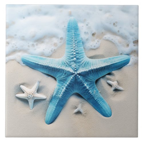 Teal Starfish Seafoam Beach Seashore Watercolor Ceramic Tile
