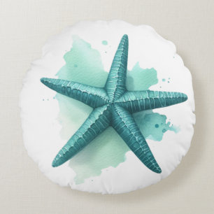 Teal Starfish Seashell Beachy Coastal Shell Round Pillow
