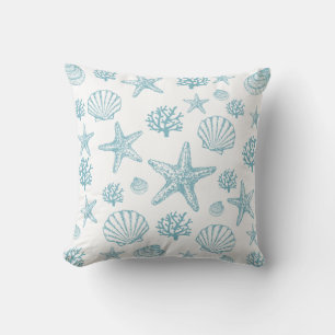 Teal Starfish Seashell Beachy Pattern Throw Pillow