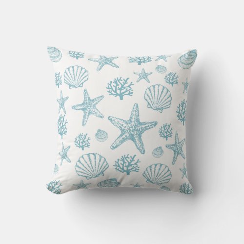 Teal Starfish Seashell Beachy Pattern Throw Pillow