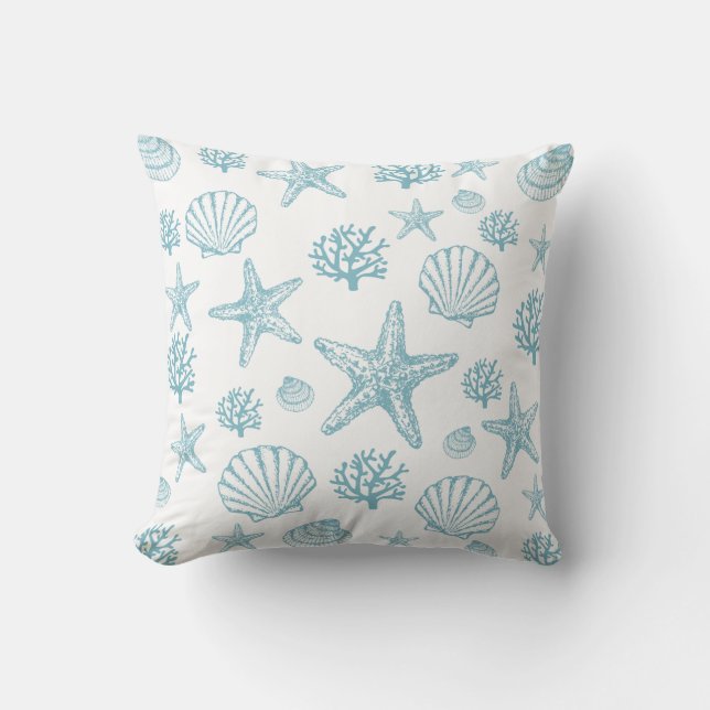Teal Starfish Seashell Beachy Pattern Throw Pillow (Front)