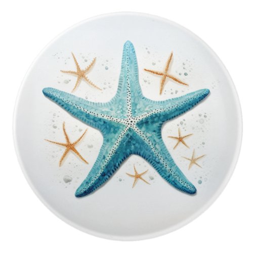 Teal Starfish Watercolor Ceramic Knob