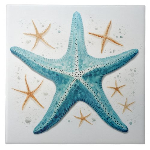 Teal Starfish Watercolor Ceramic Tile