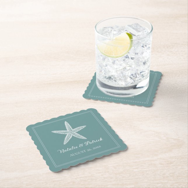 Teal Starfish Wedding Paper Coaster (Insitu)