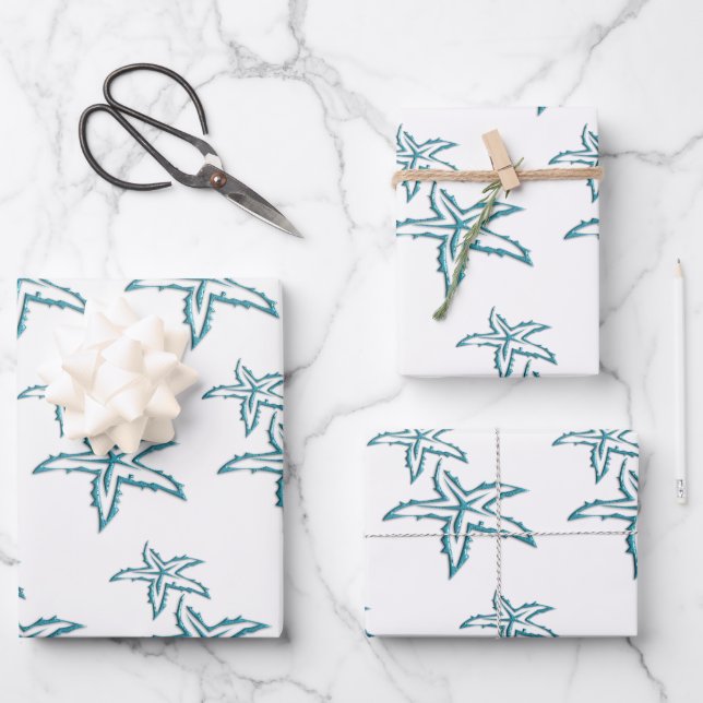 Teal Starfish Wrapping Paper Sheets (Front)