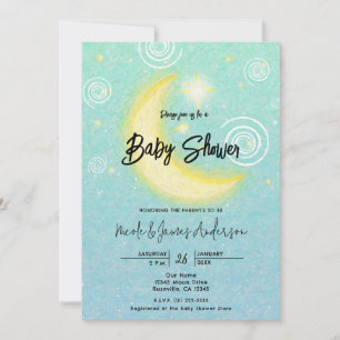 Teal Starry Moonlight Celestial Baby Shower Invitation