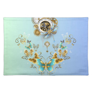 Teal Steampunk Art, Mechanical Floral Design Cloth Placemat