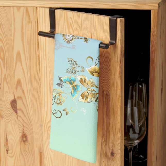 Teal Steampunk Art, Vintage Mechanical Design Kitchen Towel (Thirds Fold)