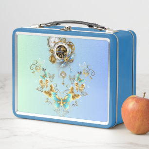 Teal Steampunk Art, Vintage Mechanical Graphic Metal Lunch Box