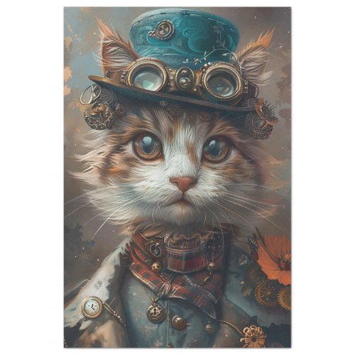 Teal Steampunk Cat with Teal Hat Decoupage  Tissue Paper