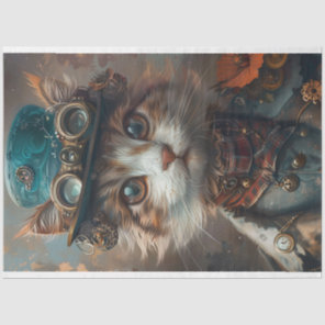 Teal Steampunk Cat with Teal Hat Decoupage  Tissue Paper