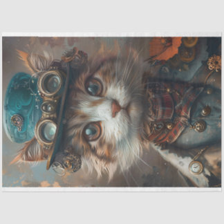 Teal Steampunk Cat with Teal Hat Decoupage  Tissue Paper