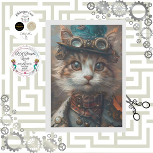 Teal Steampunk Cat with Teal Hat Decoupage Tissue Paper