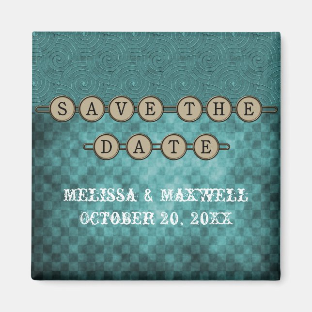Teal Steampunk Keys Save the Date Magnet (Front)