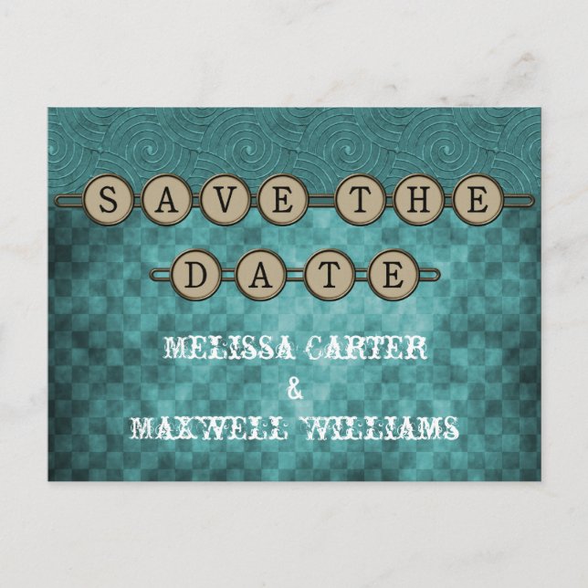 Teal Steampunk Keys Save the Date Postcard (Front)