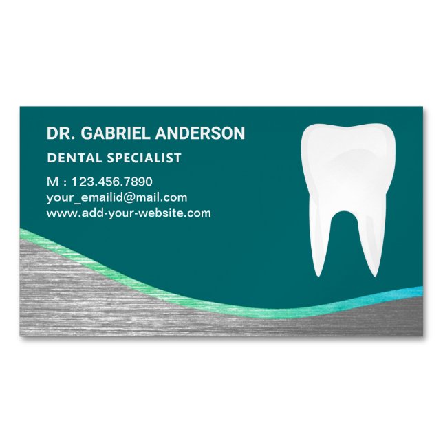 Teal Steel Tooth Dental Clinic Dentist Business Card Magnet (Front)