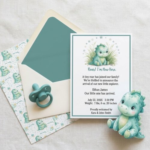 Teal Stegosaurus Dinosaur Baby Birth Announcement