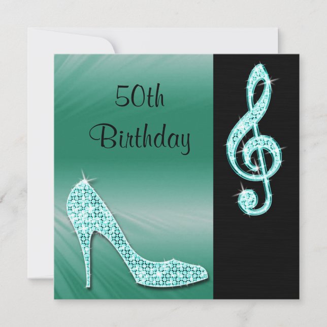 Teal Stiletto & Treble Cleft 50th Birthday Invitation (Front)